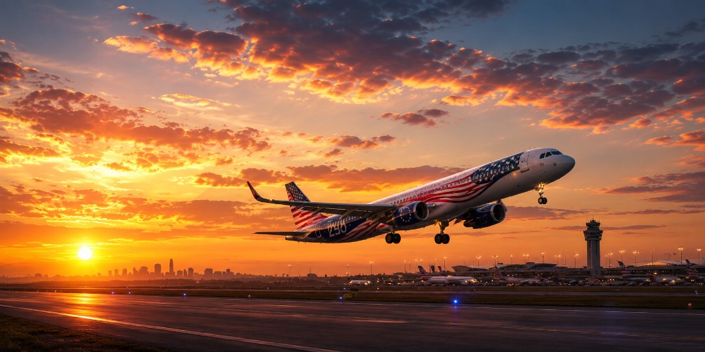 Airliner climbing at sunset with American flag livery — CrewRules hero