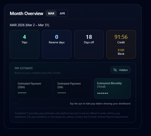CrewRules Month Overview and pay estimate preview